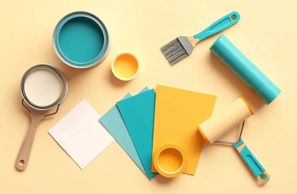 Pots de peinture, nuancier, brosses et rouleaux disposés à plat
