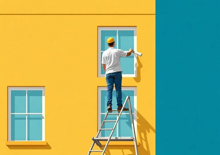 Peintre sur échafaudage traitant la façade d'une maison