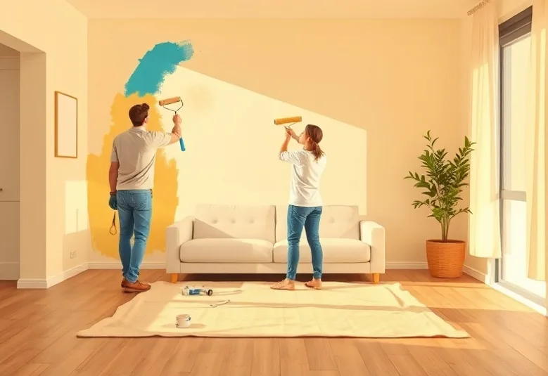 Peintre appliquant la peinture au rouleau sur un mur de salon
